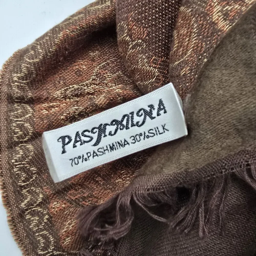 Pashmina Scarf Brown Silk Fringe Rectangle Wrap Boho Paisley 27X69